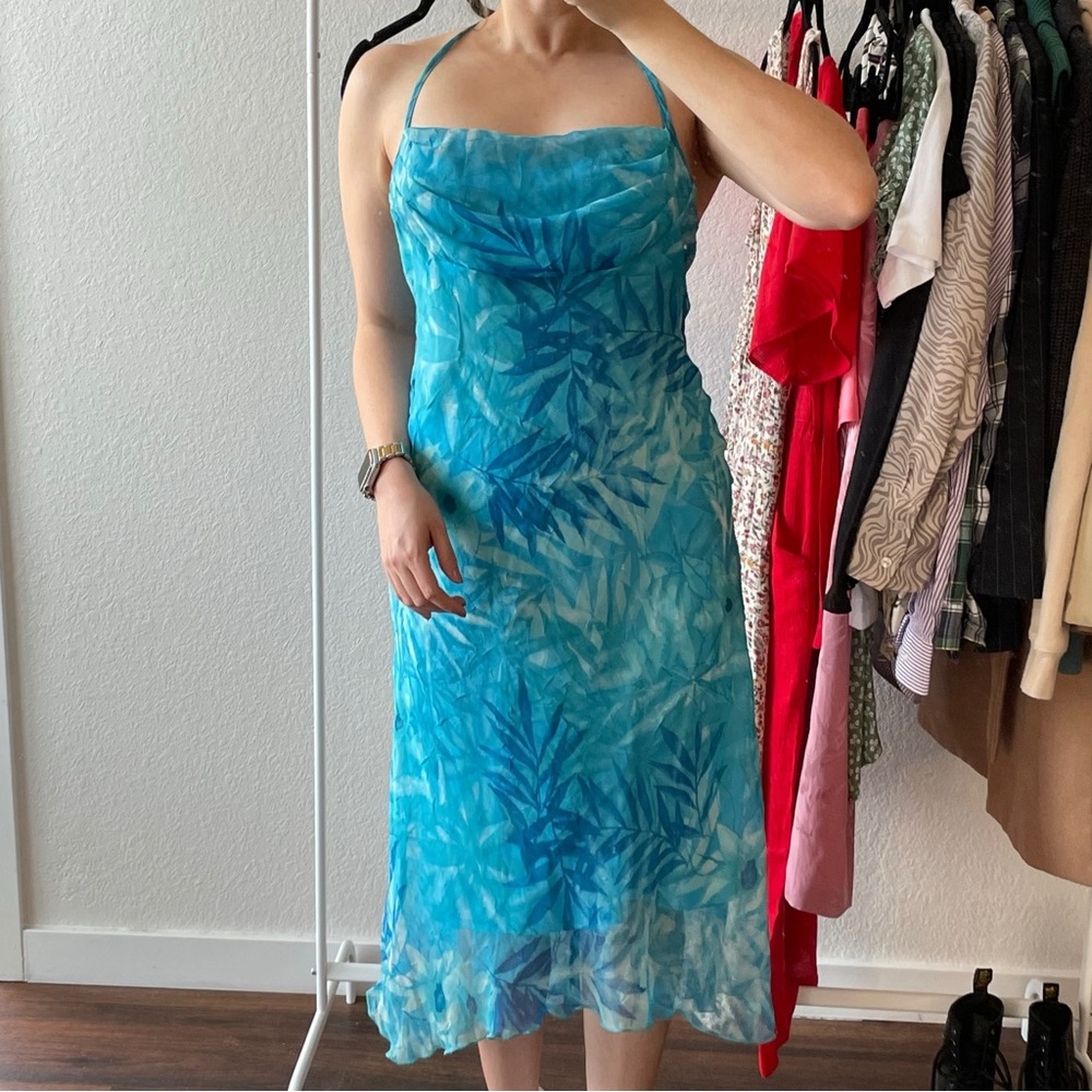 Rampage Vintage 90s Blue Tropical Print Cowl Neck Midi Dress